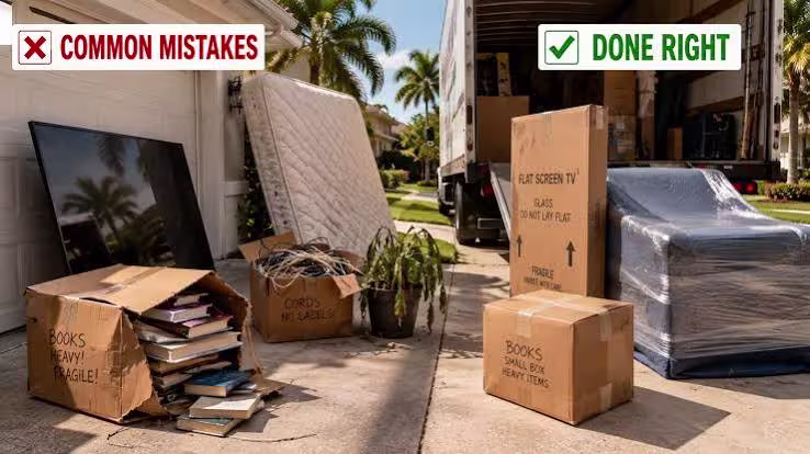 Side-by-side comparison of common moving mistakes, such as an overloaded box of books and an unwrapped TV, next to properly packed and labeled boxes and furniture wrapped in plastic